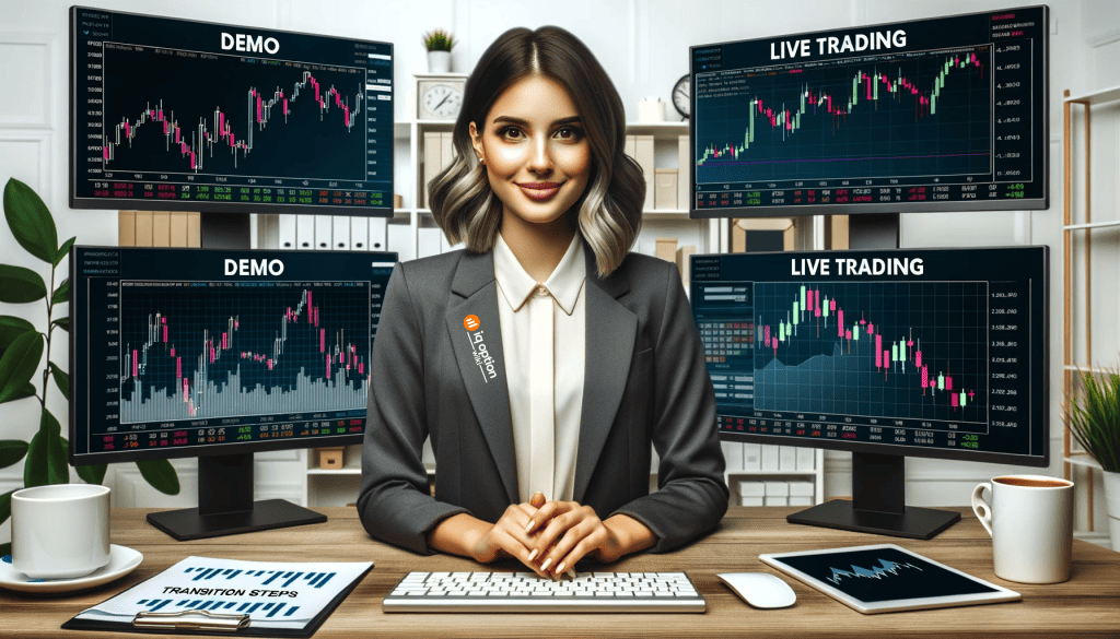Photo of a confident young woman looking at multiple computer screens displaying stock market charts, transitioning from a labeled 'Demo' screen to an