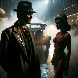 Photo of a dimly lit 1960s street scene. Mist lingers in the background, adding a layer of mystery. A man wearing a fedora stands with a confident pos