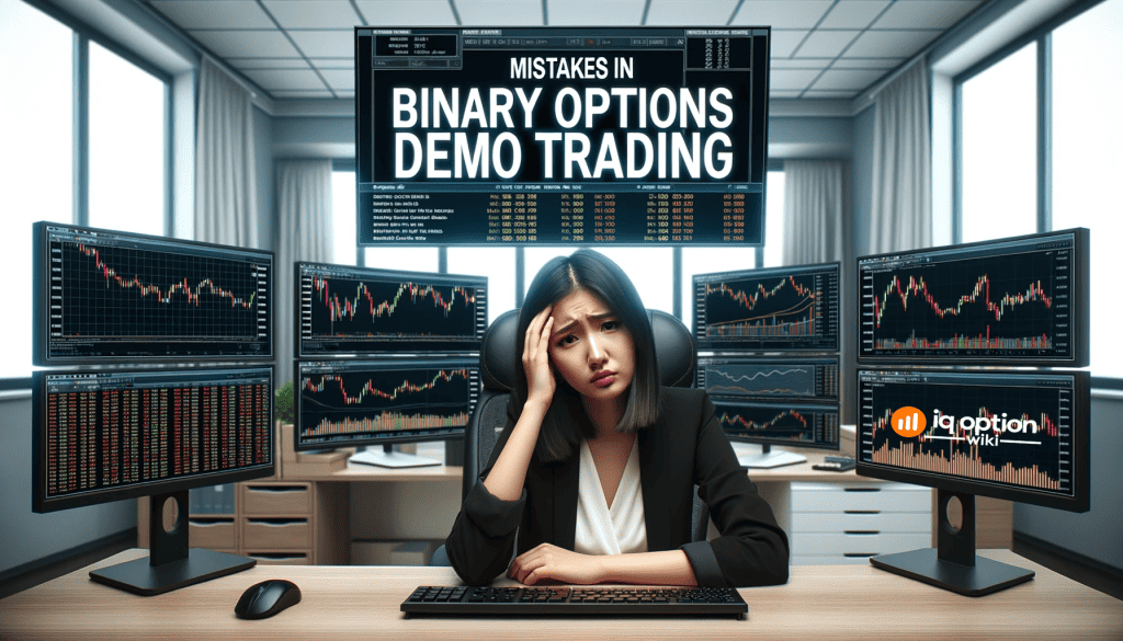 Photo of a modern office setting with a young woman of Asian descent sitting at her desk, surrounded by multiple monitors displaying binary option