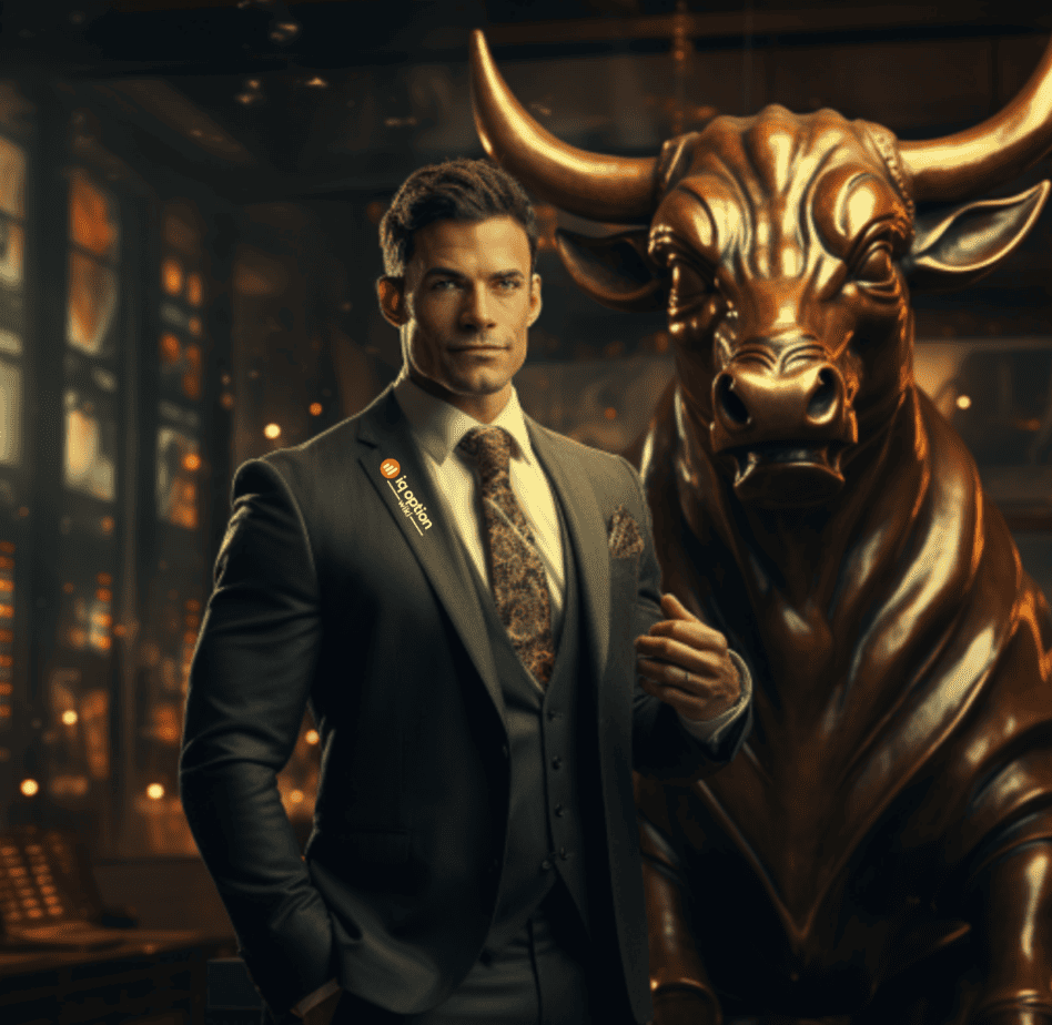 wall street bull with confident trader