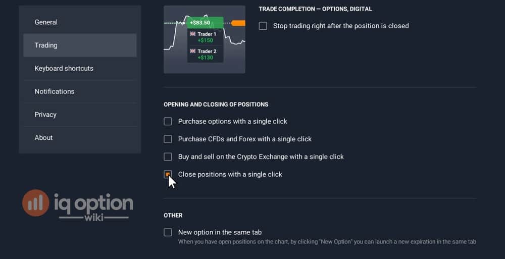 trading settings on iq option platform