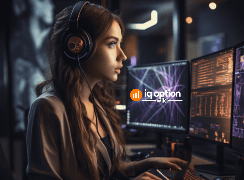 female trader with headphones