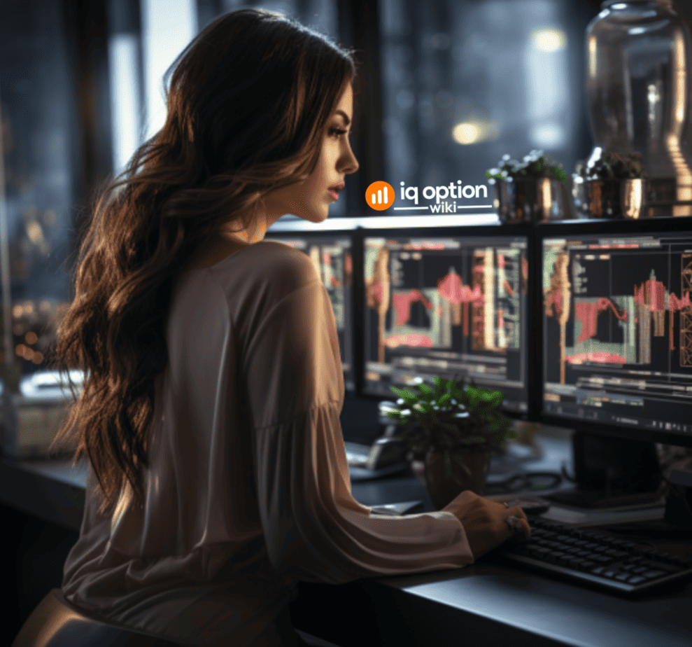 female trading day trader with low desk and 3 screens