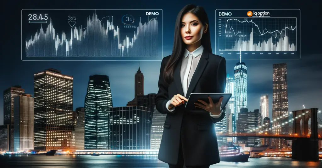 Photo of a city skyline with stock market tickers and graphs projected onto the buildings. In the foreground, an attractive woman