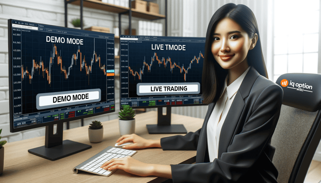 Photo of a confident woman of Asian descent sitting at a modern desk with multiple computer monitors displaying stock market charts.